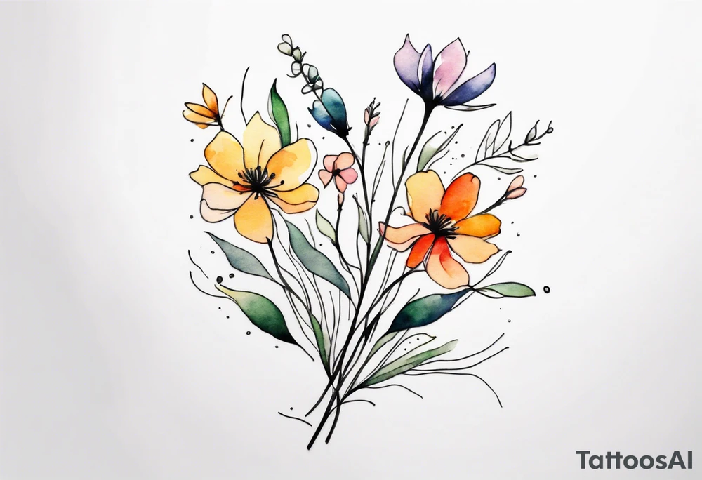 wild flowers long stems bouquet all watercolor tattoo idea