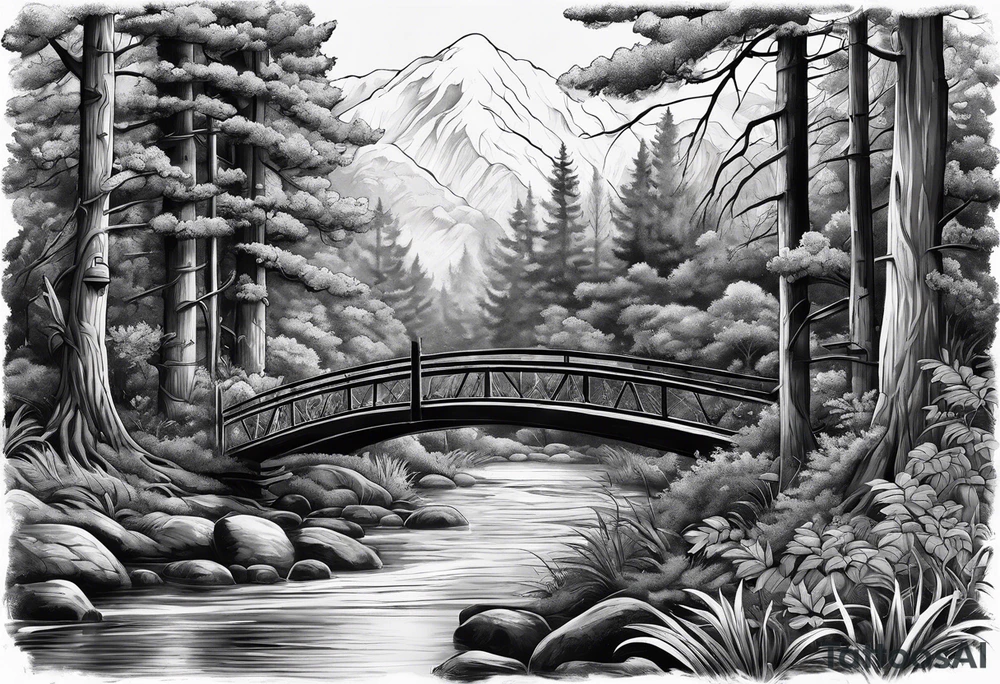 Forest with a creek and bridge tattoo idea