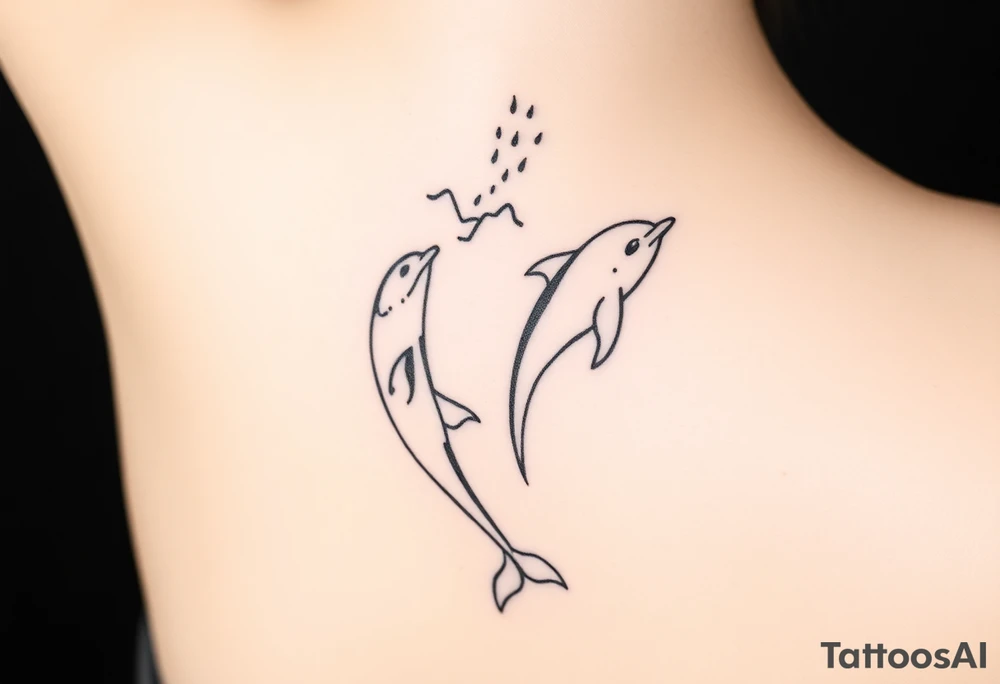 Two Dolphins swimming on spine with small line work on top and bottom that looks like waves tattoo idea