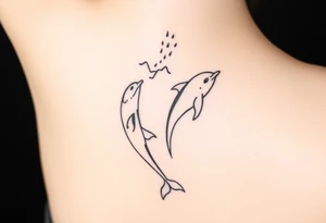 Two Dolphins swimming on spine with small line work on top and bottom that looks like waves tattoo idea