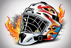 goalie mask with crossed hockey sticks and flames that says "SHOT HOCKEY" tattoo idea