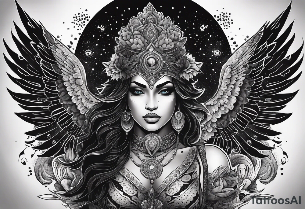 black kali, goddess pirate, alien, angel, pachamama, valkrye, warrior, flying, skull, lotus azul, wing, eagle, zenza resonance, stars, 5D, anahata chakra, death, durga, riding on a tiger, flying lady, kundalini, chest tatoo, samuri, rebel,serpent tattoo idea