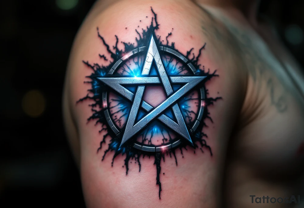 A metallic silver pentagram -  five-pointed star with cracked edges, surrounded by black mist and ethereal blue glow. tattoo idea