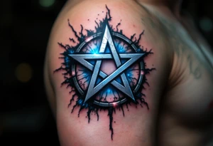 A metallic silver pentagram -  five-pointed star with cracked edges, surrounded by black mist and ethereal blue glow. tattoo idea