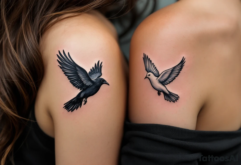 One partner wears a black crow in flight, and the other a white dove, symbolizing unity through contrast. tattoo idea