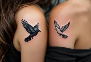 One partner wears a black crow in flight, and the other a white dove, symbolizing unity through contrast. tattoo idea