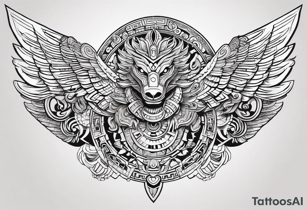 Design a masculine and fierce right chest tattoo of Quetzalcoatl, the Aztec feathered serpent god. Make Quetzalcoatl appear in mid-flight, with his powerful, feathered body coiling dynamically across the chest. His face should have sharp, intense features, with fierce, piercing eyes and serpent fangs bared. Incorporate traditional Aztec geometric patterns, like jagged lines and spirals, in the wings and tail, to emphasize strength and power. Use bold, black ink with subtle shading to give depth and texture, while ensuring the design stays sharp and aggressive. The feathers should appear sharp and stylized, giving an aura of both wisdom and danger. tattoo idea