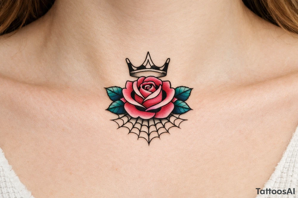 Pink and petrol rose , petrol leaves no stem, minimalist crown above it, crown is black and white and has no gems, crown has three spikes , spider web beneath tattoo idea