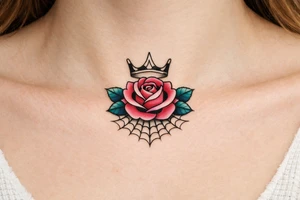 Pink and petrol rose , petrol leaves no stem, minimalist crown above it, crown is black and white and has no gems, crown has three spikes , spider web beneath tattoo idea