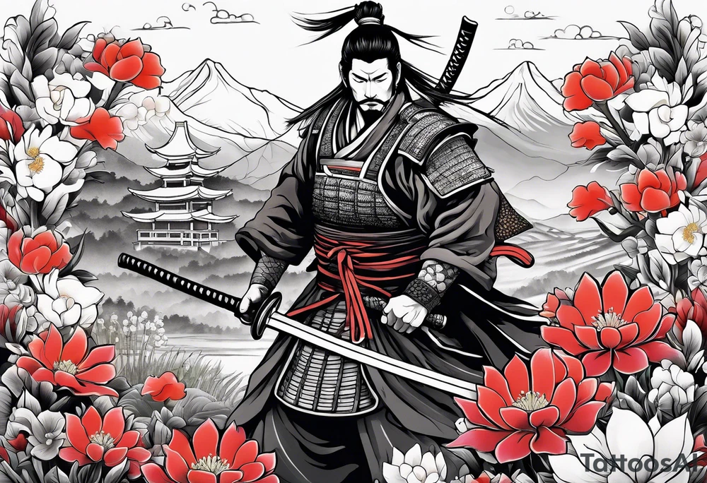 Samurai in flower field tattoo idea