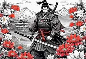 Samurai in flower field tattoo idea