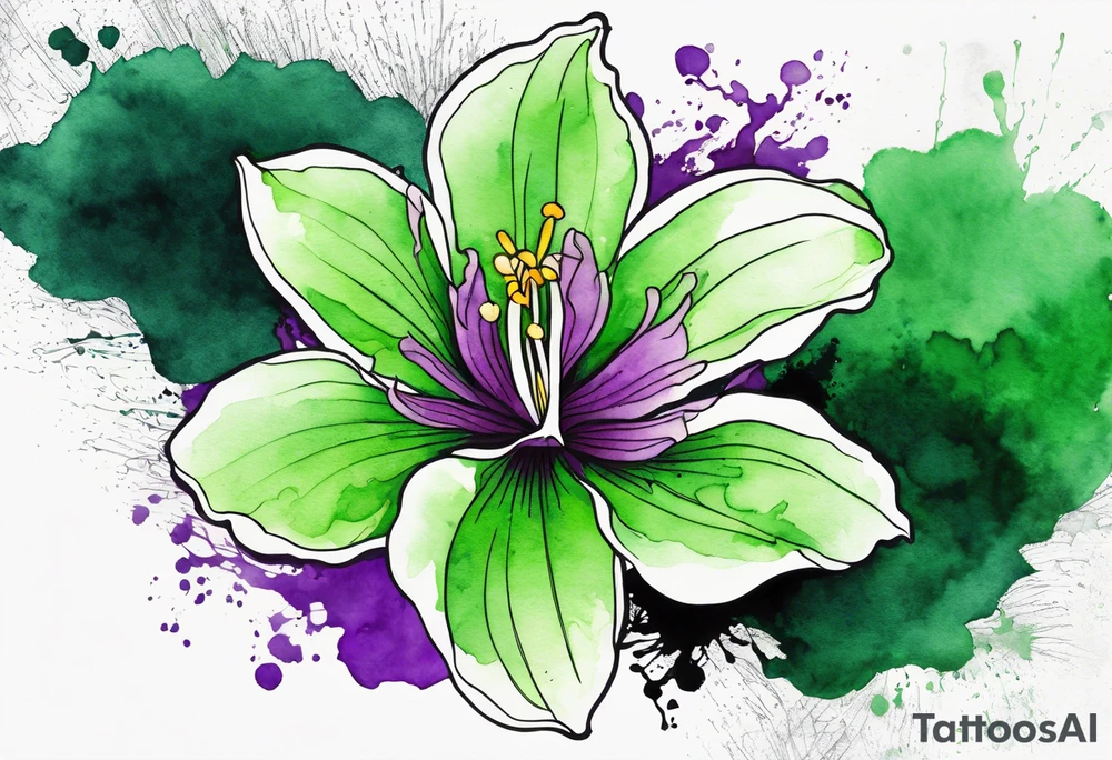 An outline of a green rio dipladenia flower and a green and purple watercolor splash in the background tattoo idea