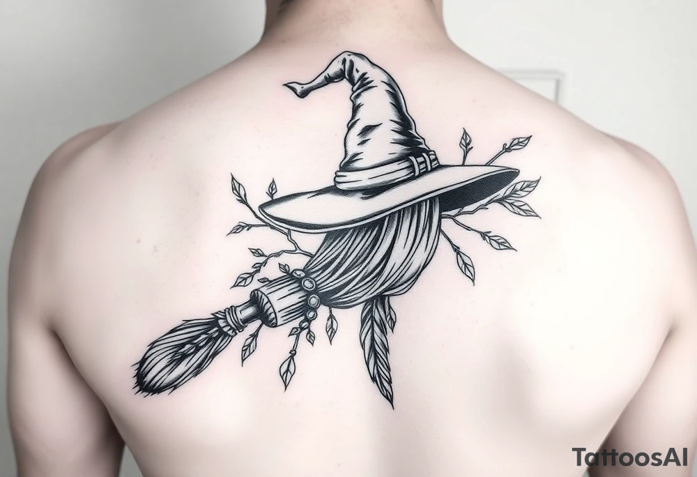 Which is broom with a witches hat with vines and feathers for women? tattoo idea