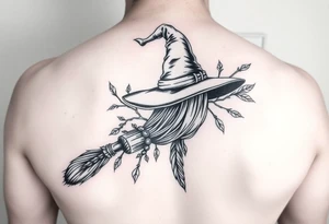 Which is broom with a witches hat with vines and feathers for women? tattoo idea
