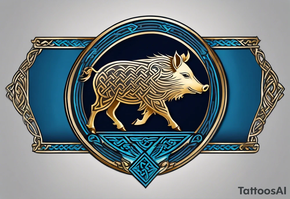 Side profile, Celtic, tribal, wild boar, On a Chatwin family crest with blue background, two gold stars, and a gold Chevron, and a Thistle tattoo idea