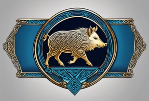Side profile, Celtic, tribal, wild boar, On a Chatwin family crest with blue background, two gold stars, and a gold Chevron, and a Thistle tattoo idea