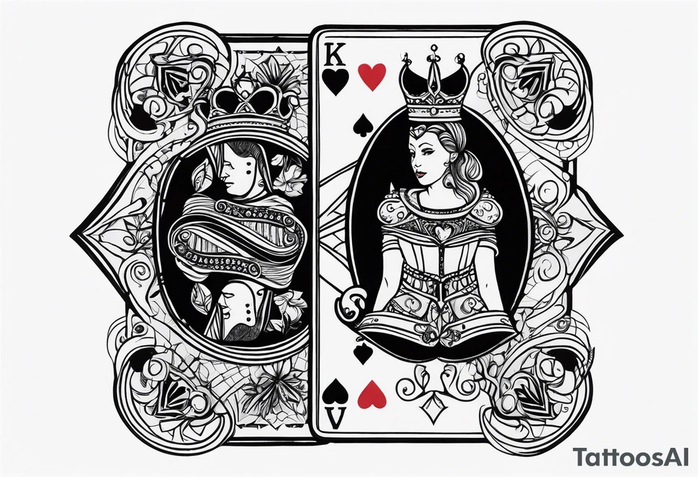 one playing card with both queen of hearts and king of spades in extreme minimalistic style tattoo idea