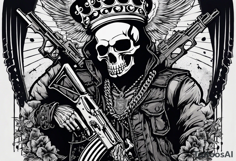 image of a skeleton standing frontally with a crown on his head, holding an AK-47 on his shoulder with his right hand. The chain on the left should be taut, there are three angry barking Dobermans in it, near the waist tattoo idea