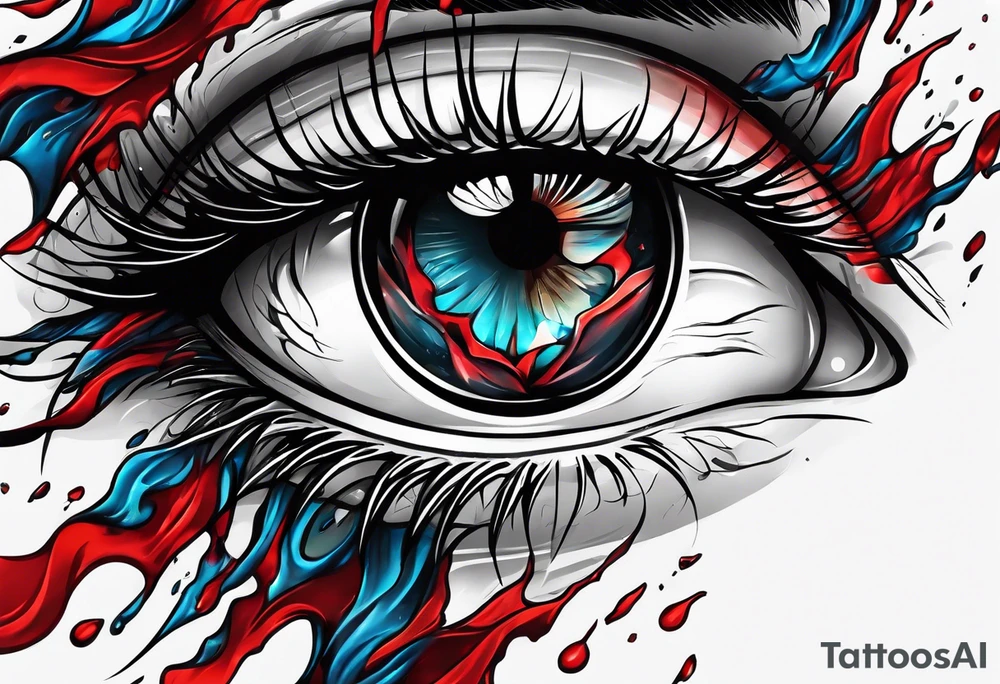 Bleeding tear flows to down from red eye sleeve tattoo design tattoo idea