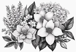 Hydrangea, Narcissus, Poinsettia, Holly, Gladiolus, Poppy, Daisy, Sweet Pea floral bouquet tattoo idea