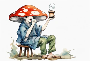 a mushroom wearing a tunic sitting on a stool drinking from a wood mug, laughing tattoo idea