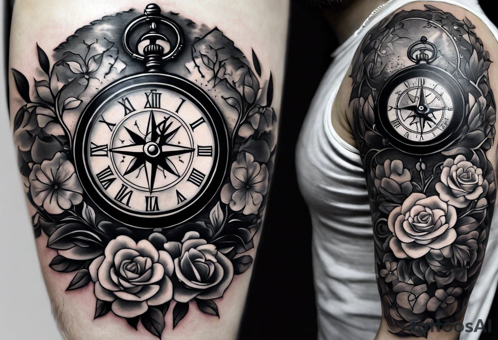 black and grey composition of three elements, 1), combination old school pocket watch and nautical compass, 2) a tree of life and 3) a doctor bird, connected together by lignum vitae flowers, on the arm 3/4 sleeve black and grey tattoo idea