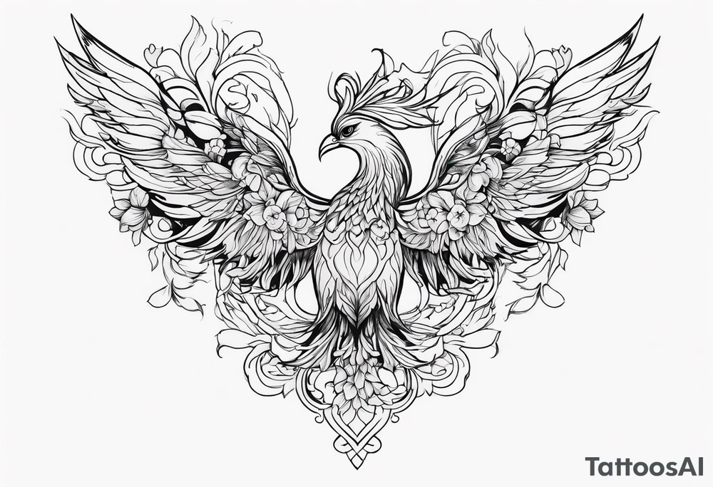Phoenix with flowers but feminine not too realistic tattoo idea