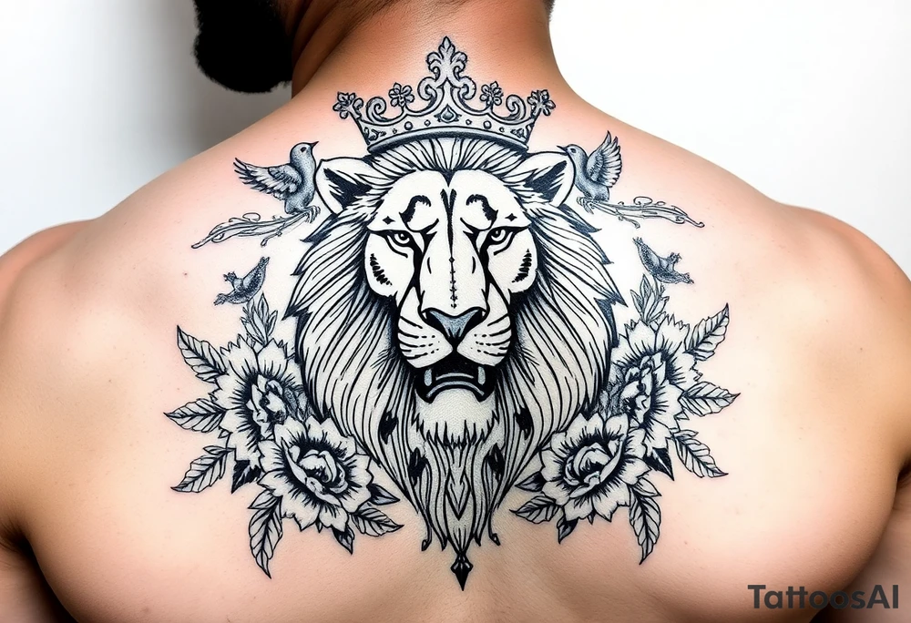 powerful majestic lion with a crown, surrounded by floral ornaments and birds tattoo idea