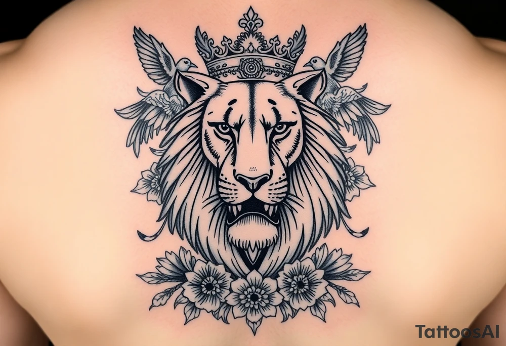 powerful majestic lion with a crown, surrounded by floral ornaments and birds tattoo idea