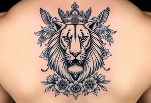 powerful majestic lion with a crown, surrounded by floral ornaments and birds tattoo idea