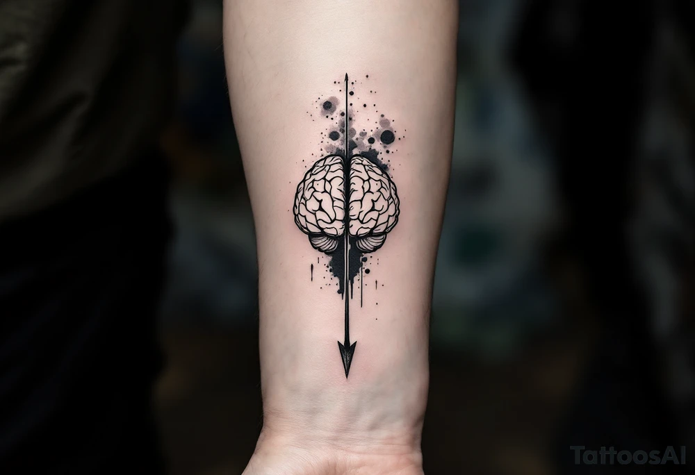 A clean, geometric, vertical, front-seen brain. A detailed arrow crosses from below and exit from the top, with its tip desintegrating to represent entropy and watercolor stains spilled from the arrow. tattoo idea