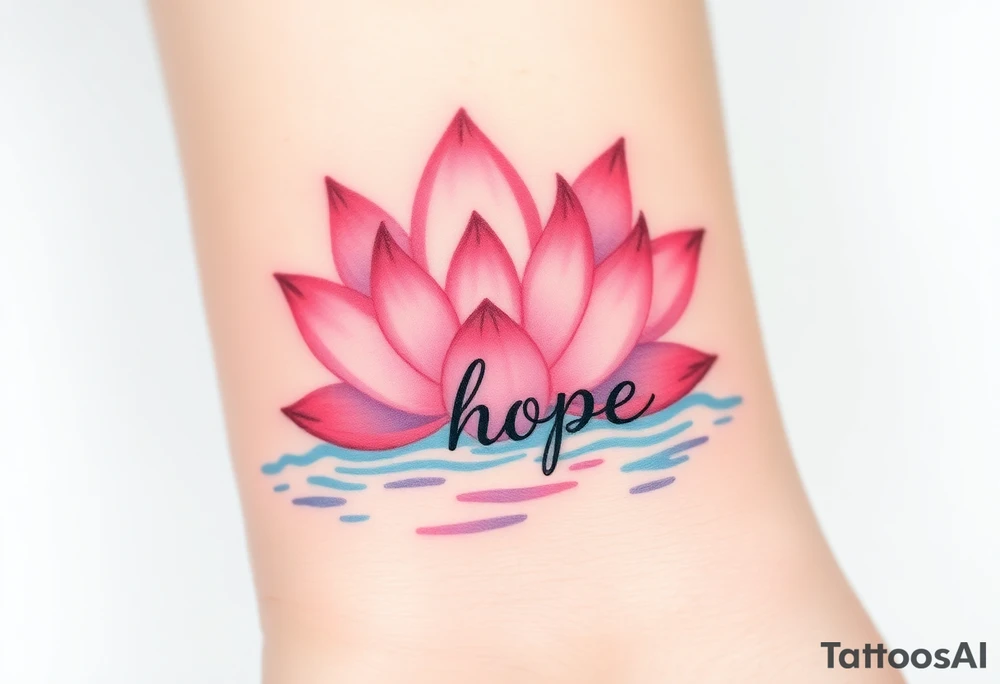 A lotus flower in soft pink and lavender hues, blooming gracefully above rippling water with word "hope" rising from water tattoo idea