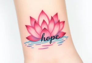 A lotus flower in soft pink and lavender hues, blooming gracefully above rippling water with word "hope" rising from water tattoo idea