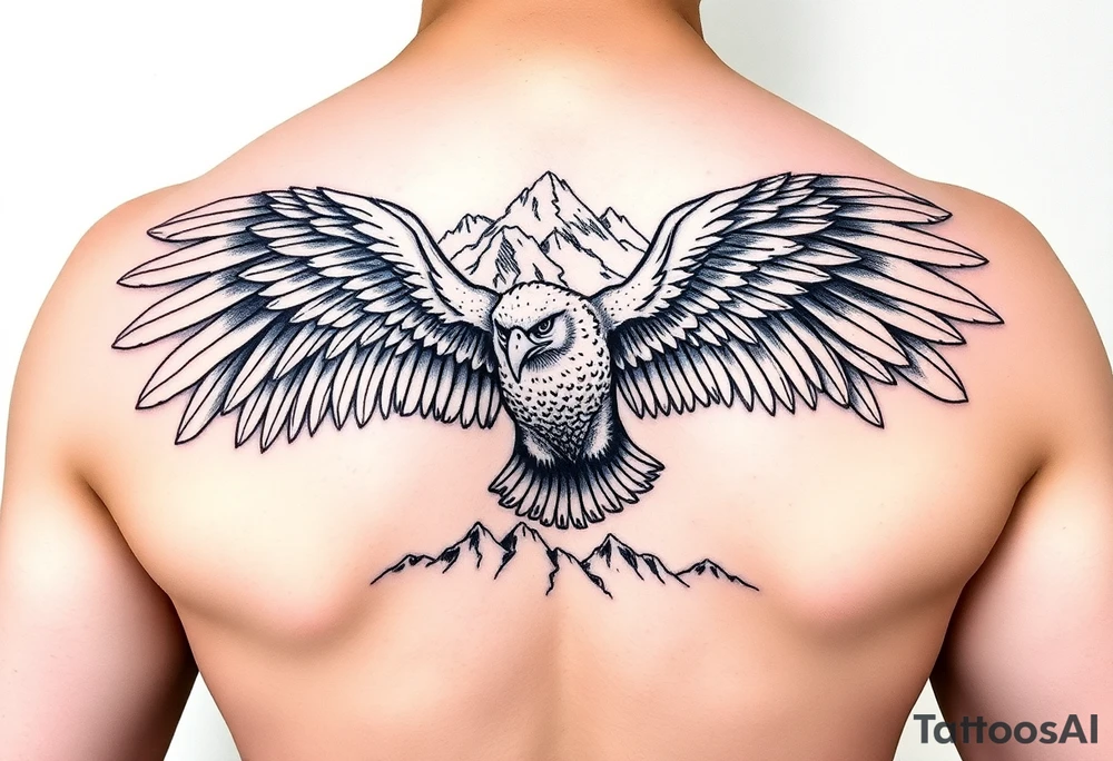 majestic eagle spreading wings against mountain peaks tattoo idea