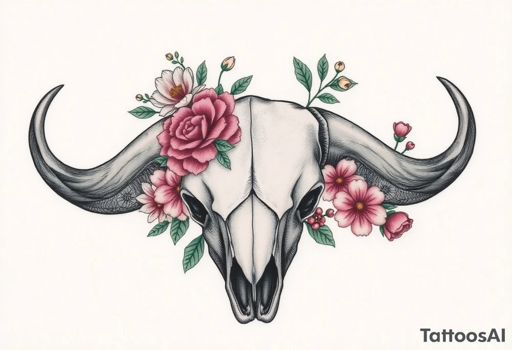 Buffalo skull with flowers. Peony, snowdrop, holly with berries, larkspur, peony. Colour. For upper arm. Masculin. 

Have one peony and snowdrop above horns. Have holly with berries, larkspur, peony below horns. tattoo idea
