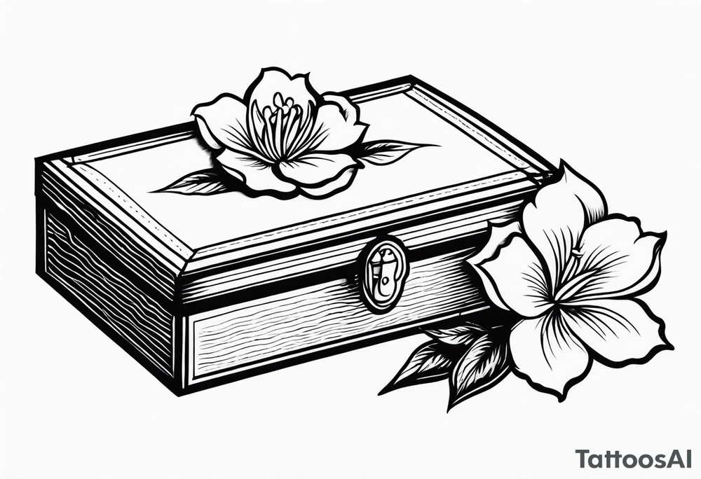 An sailor Jerry style tattoo of a vintage cigar box with one lit cigar and one flower on top tattoo idea