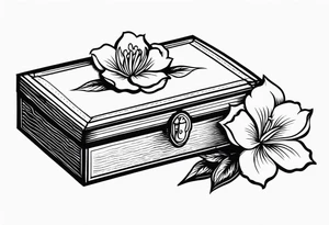 An sailor Jerry style tattoo of a vintage cigar box with one lit cigar and one flower on top tattoo idea