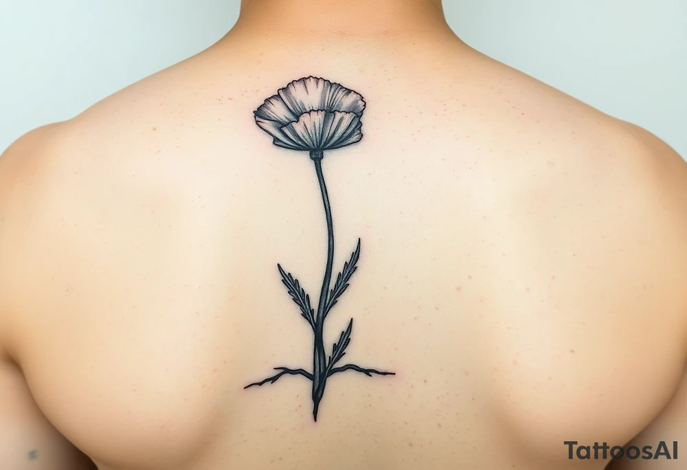Simple poppy growing up from cracks in pavement watercolor-esque coloring on poppy only tattoo idea