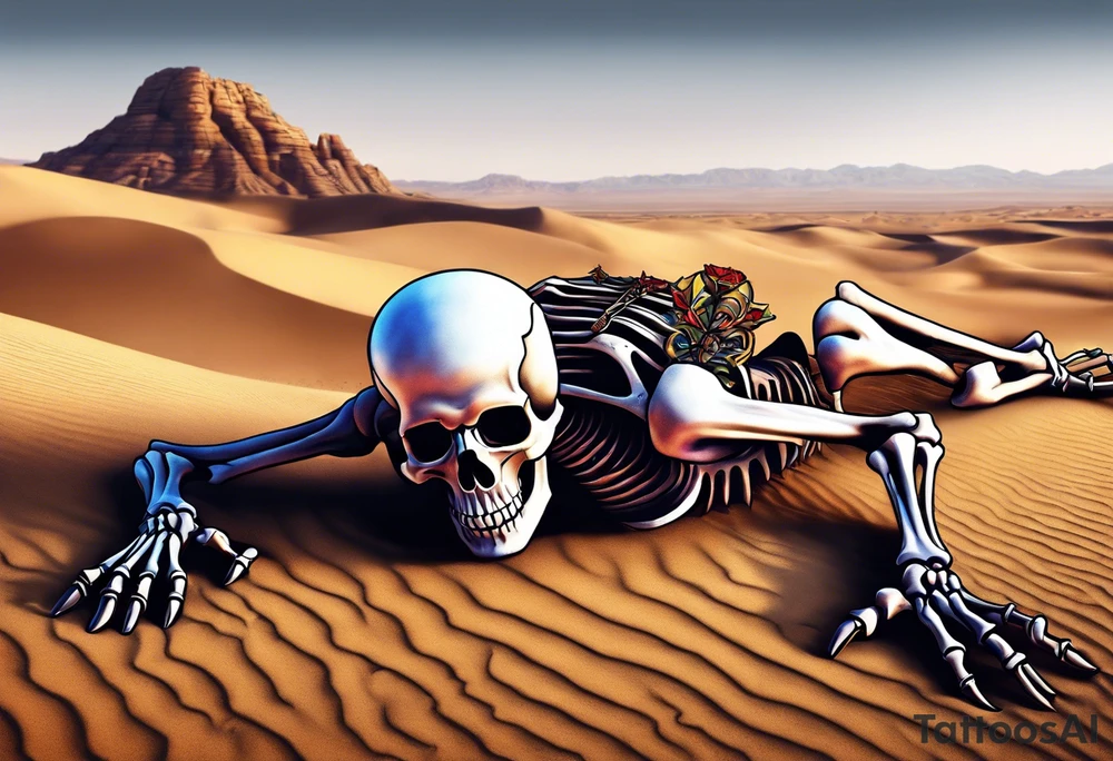 skeleton crawling towards a cross in a desert tattoo idea