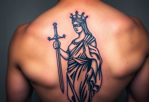 Lady Justice tattoo, holding sword at her side, roman robe, cape, powerful, with blindfold tattoo idea