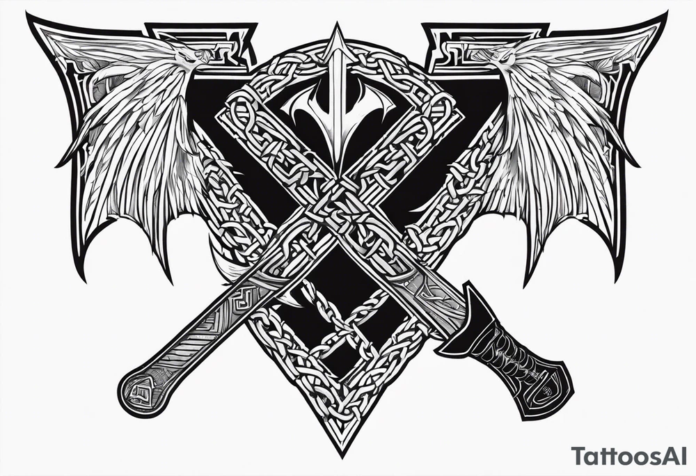 Valhalla sword shield dragon axe Valknut barbed wire chains tattoo idea Valhalla sword shield dragon axe Valknut barbed wire chains tattoo idea