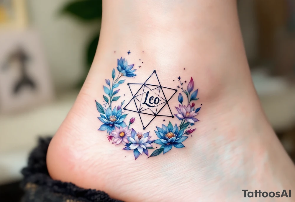 Small Feminine simple Dotted Line hexagon with Leo astrological symbol surrounded by larkspurs and water lilies tattoo idea