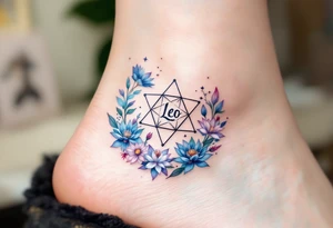 Small Feminine simple Dotted Line hexagon with Leo astrological symbol surrounded by larkspurs and water lilies tattoo idea