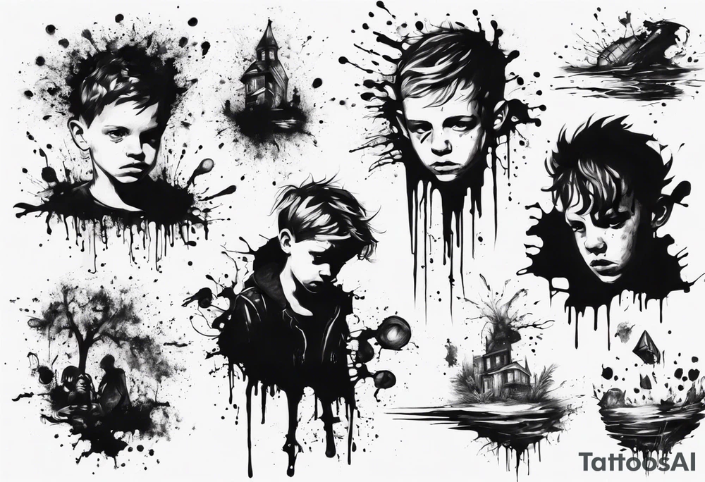 Paint splash drawing a lost boy walking alone tattoo idea