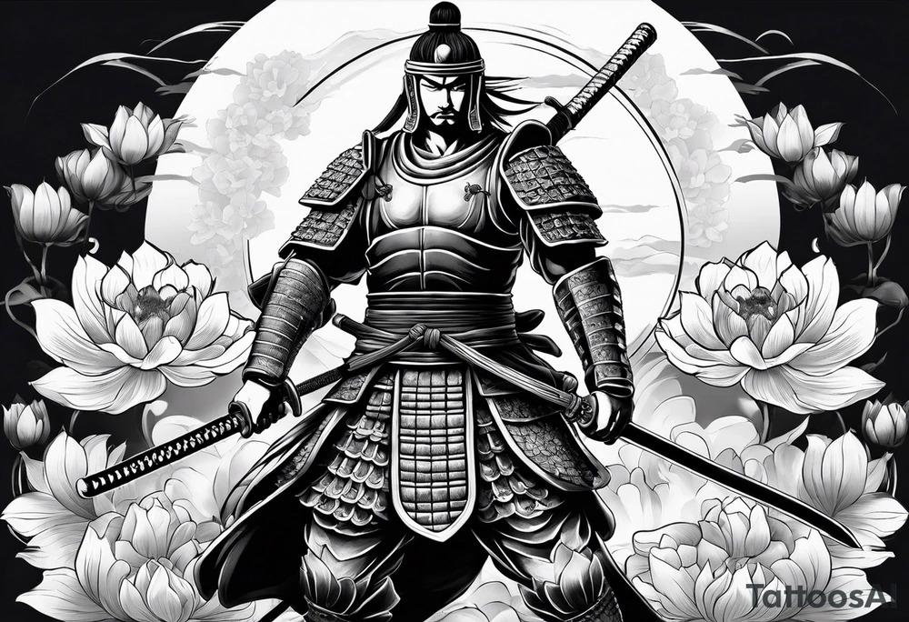 Samurai warrior and spartan warrior facing off, include lotus flowers in the background, both warriors should appear aggressive looking ready for battle tattoo idea