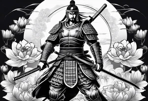 Samurai warrior and spartan warrior facing off, include lotus flowers in the background, both warriors should appear aggressive looking ready for battle tattoo idea