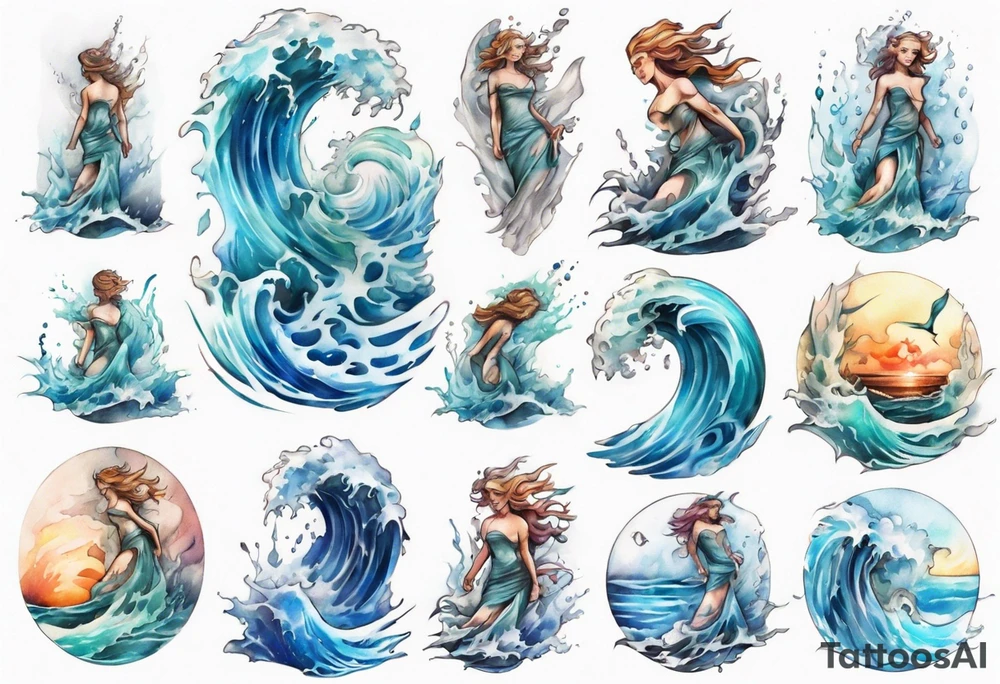 a beautiful glass statue standing in crashing waves tattoo idea
