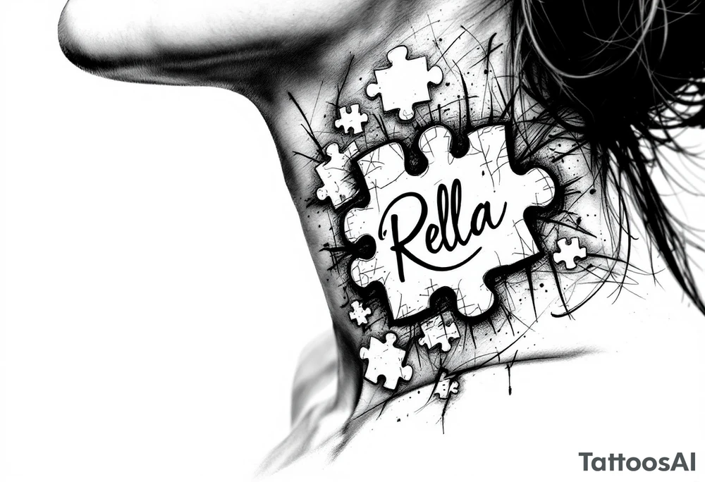 side of the neck puzzle piece tattoo where one of the pieces says Rella tattoo idea