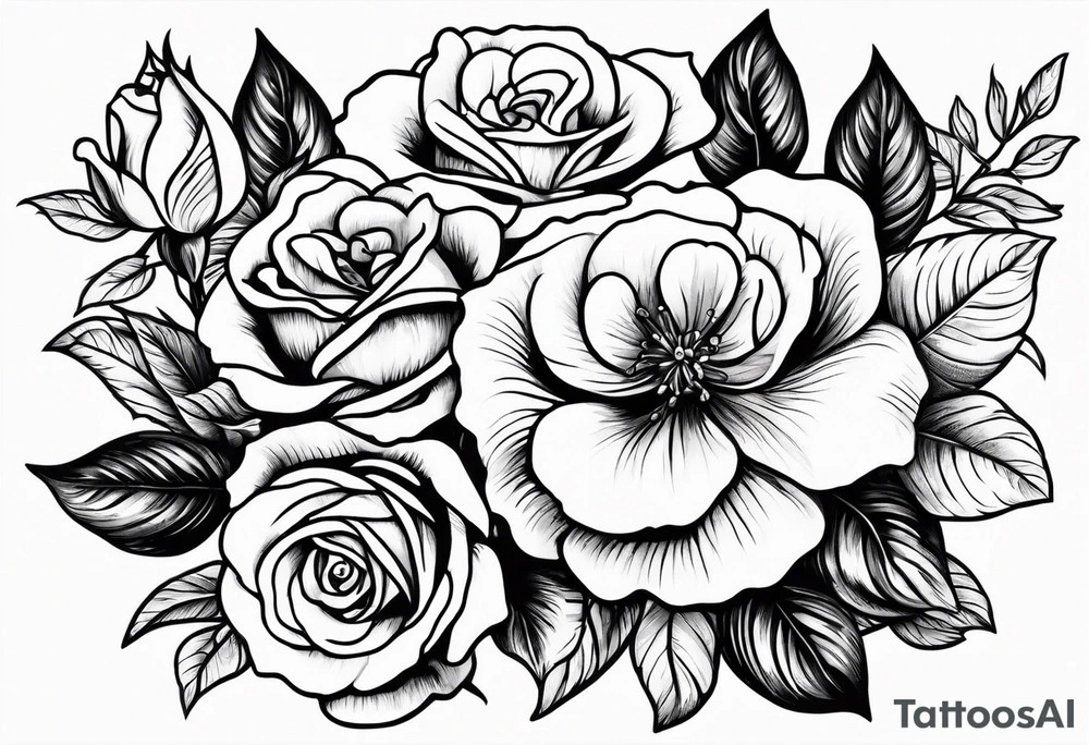 roses and violets with greenery tattoo idea