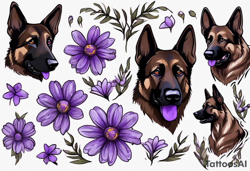Dark brown German Shepherd with purple daisies tattoo idea